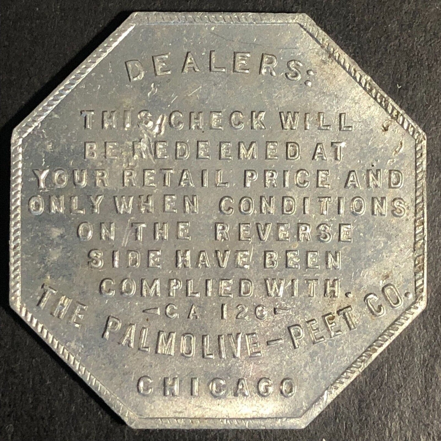 Crystal White Laundry Soap Aluminum Trade Token Free Cake - Hexagon 32mm c1920's