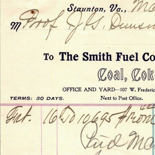 1904 Scarce Smith Fuel Co. Coal Coke Wood Billhead Letterhead Staunton, VA