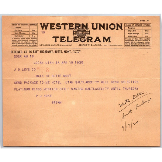 "Leys" Jewelers Butte, MT 1920 Western Union Telegram re: Platinum Rings