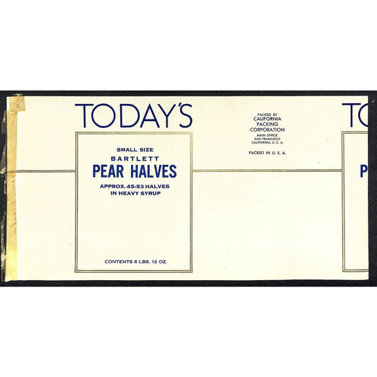 1940 Paper Can Label - Today's Bartlett Pear Halves California Packing w/ Gilt