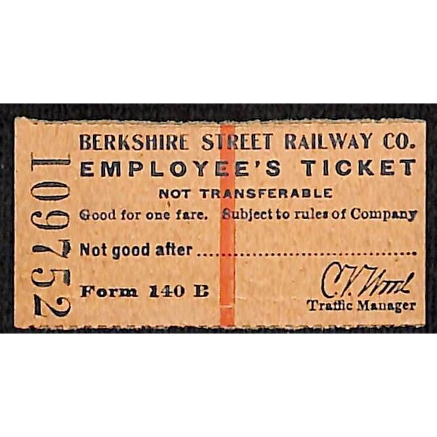 Berkshire Street Railway (1902-1941) Employee's Ticket #109752 Scarce