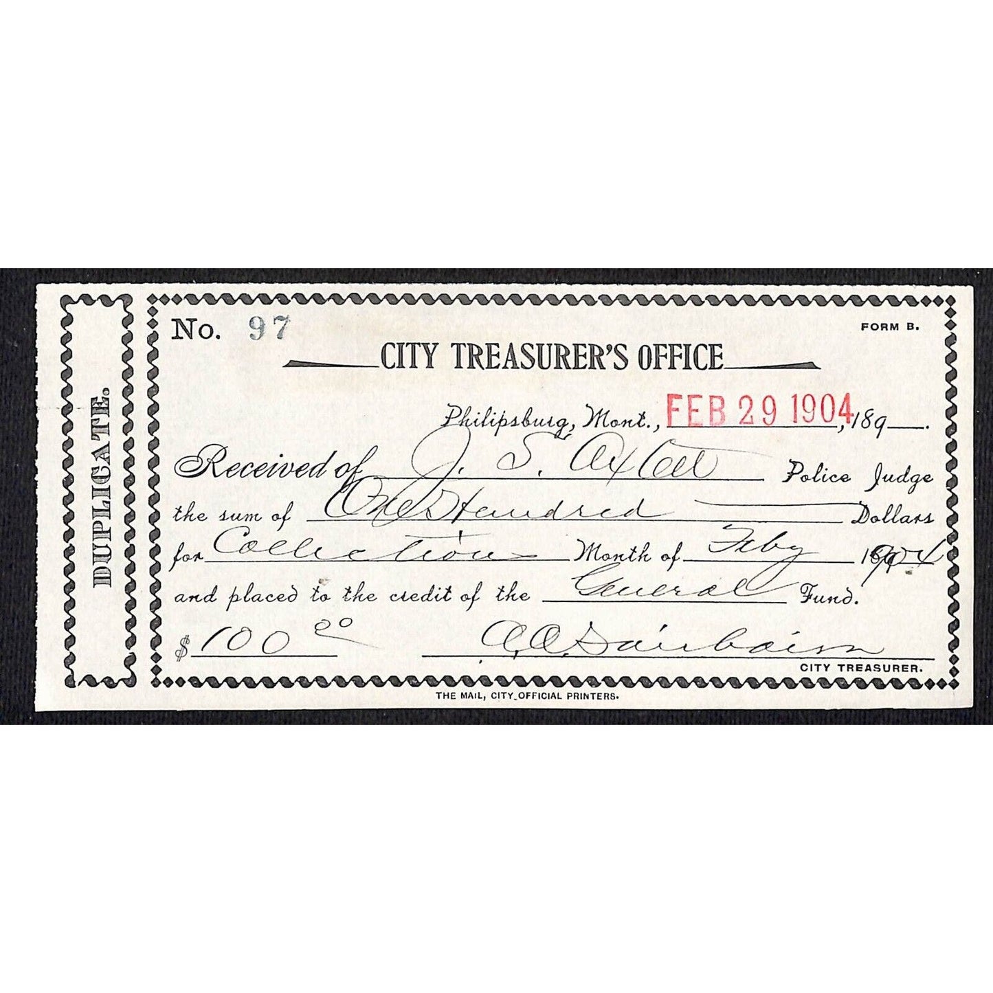 Philipsburg Montana 1904 City Treasurer's Office General Fund Payment Receipt