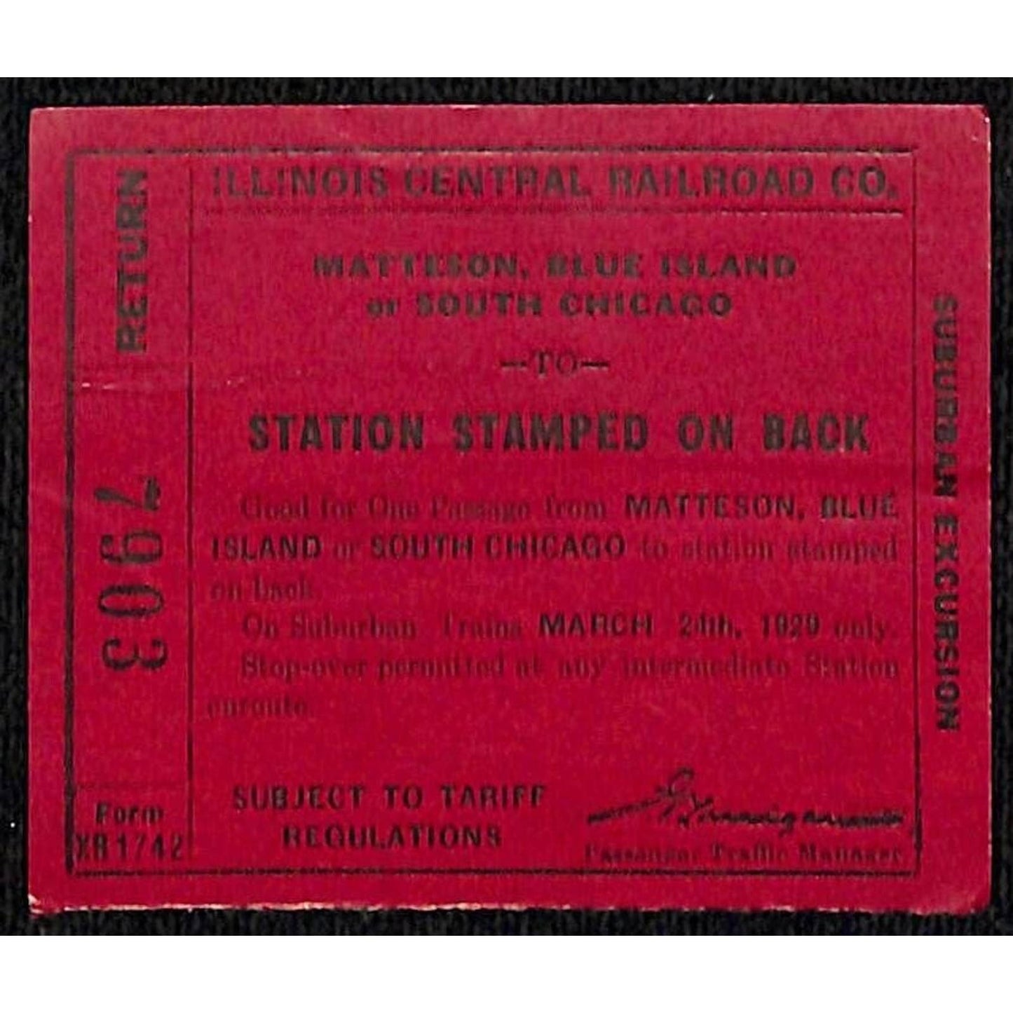 Illinois Central Railroad Ticket Matteson Blue Island S. Chicago G/F 3/24 1929
