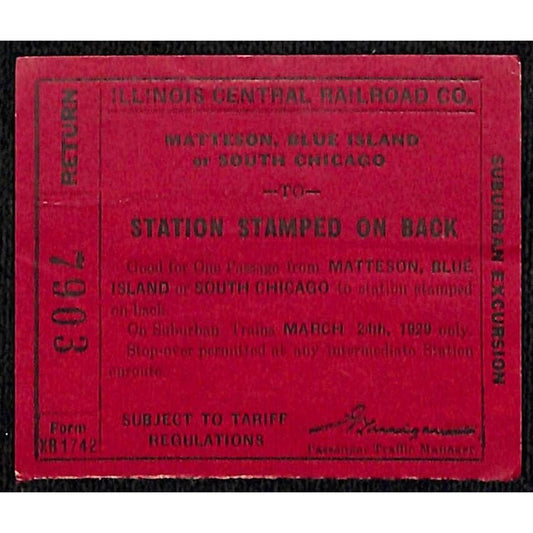 Illinois Central Railroad Ticket Matteson Blue Island S. Chicago G/F 3/24 1929