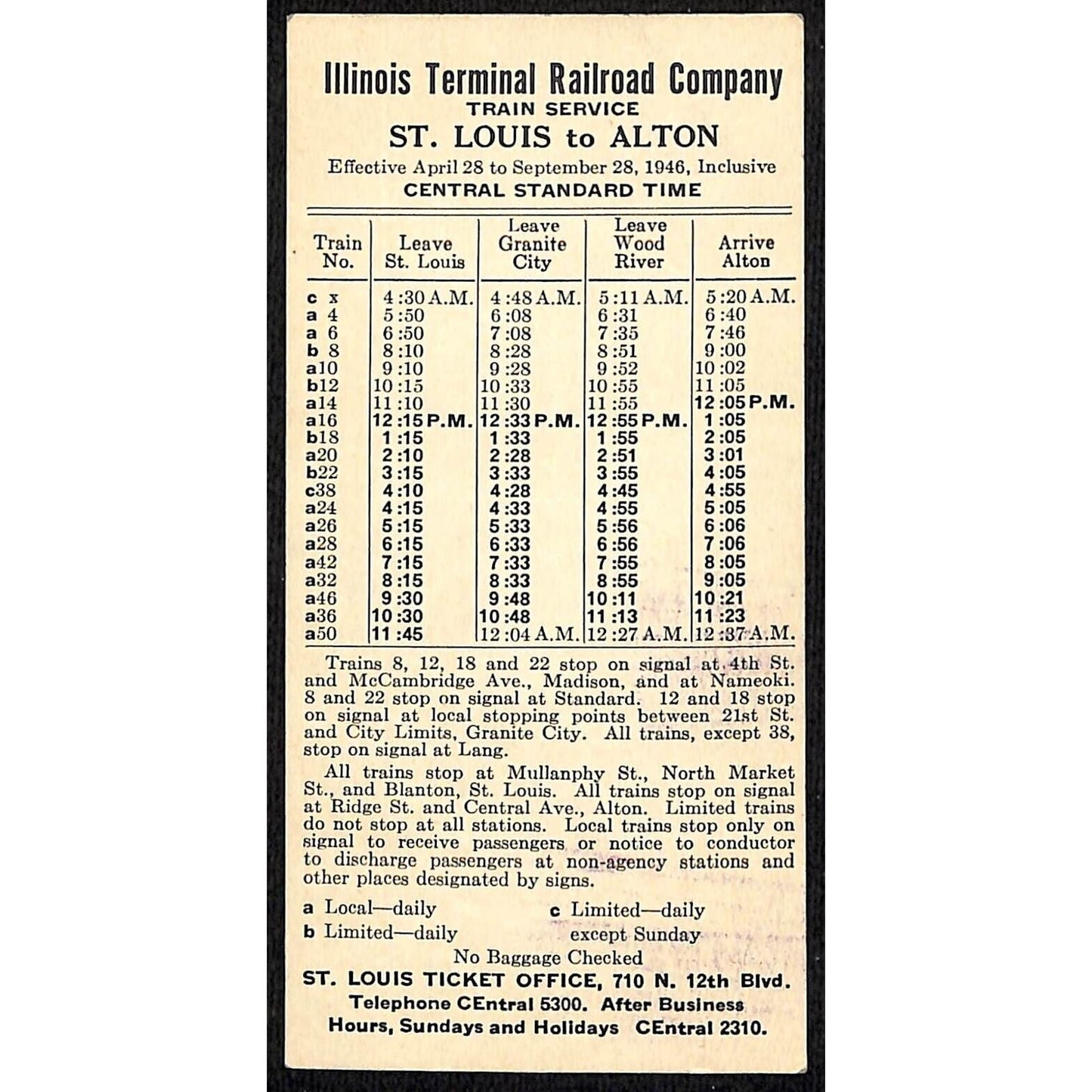 Illinois Terminal Railroad Co. 4/28 1946 Train Schedule Card Alton St. Louis VGC