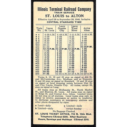 Illinois Terminal Railroad Co. 4/28 1946 Train Schedule Card Alton St. Louis VGC