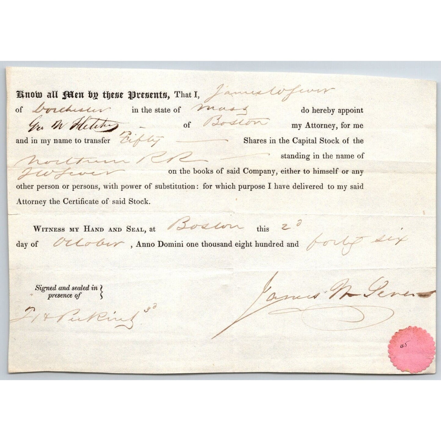 1846 Boston MA Power of Attorney re: 50 Shares Northern Railroad Stock w/ Seal