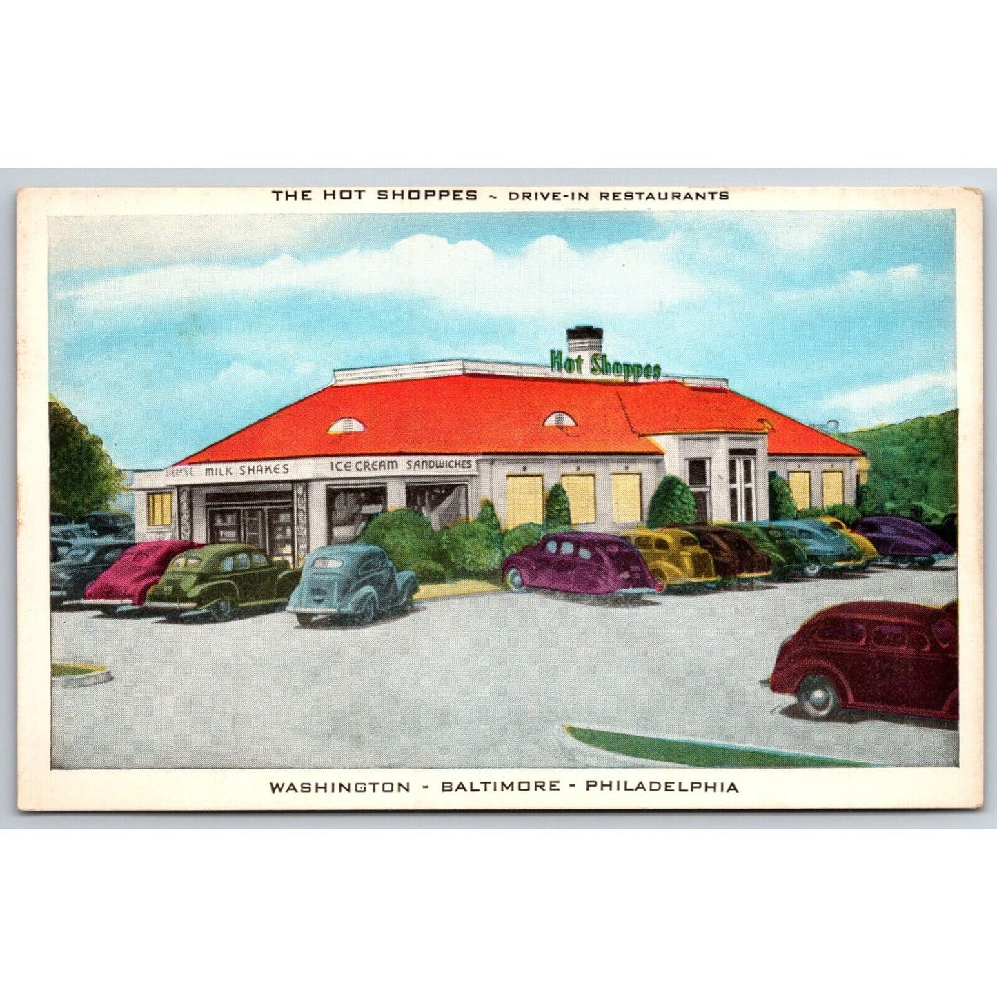 Hot Shoppes Drive In Restaurants Hamburgers Advertising Postcard c1950's VGC