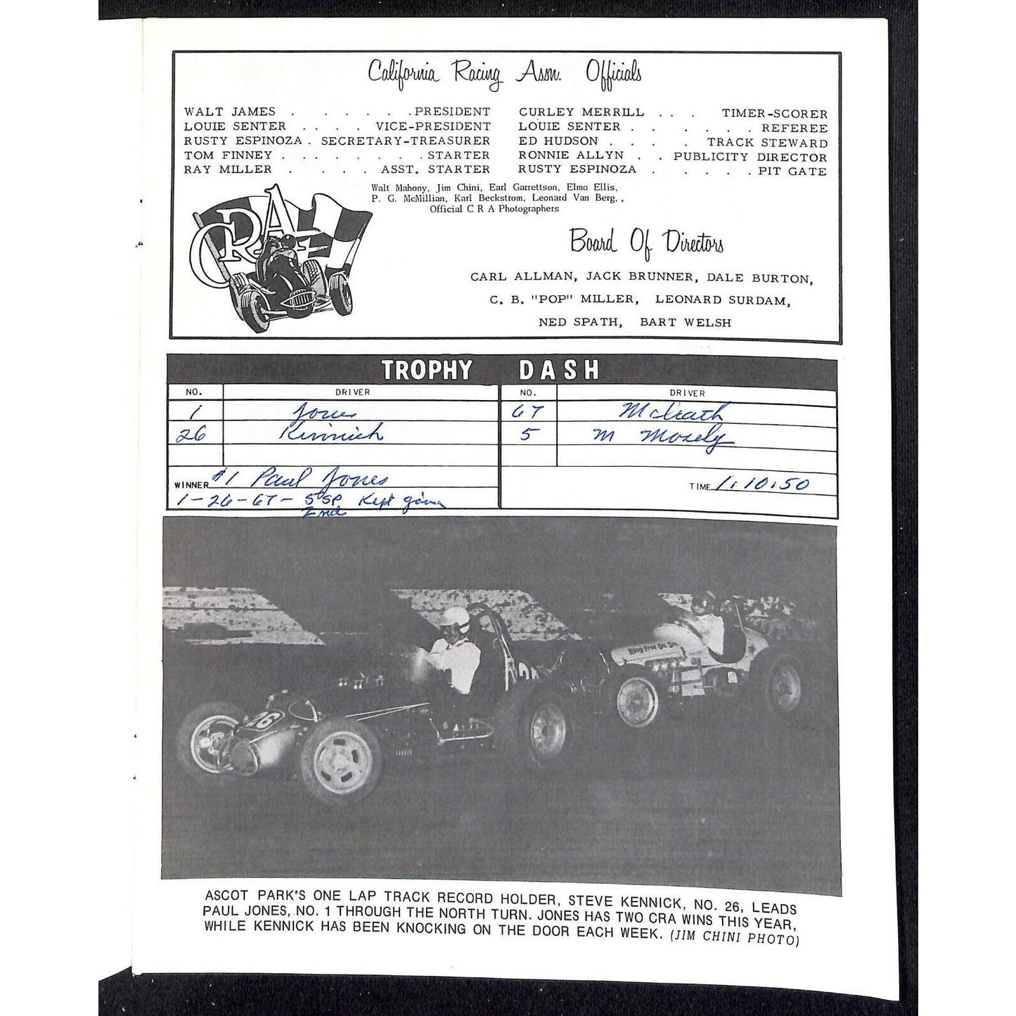 Scarce 9/24 1966 Sprint Car Auto Racing CRA Program Ascot Park Gardena 16pp.