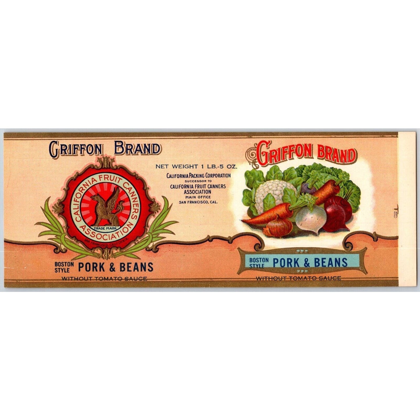 Griffon Boston Style Pork Beans Paper Can Label Embossed Gold Ink c1920's Scarce