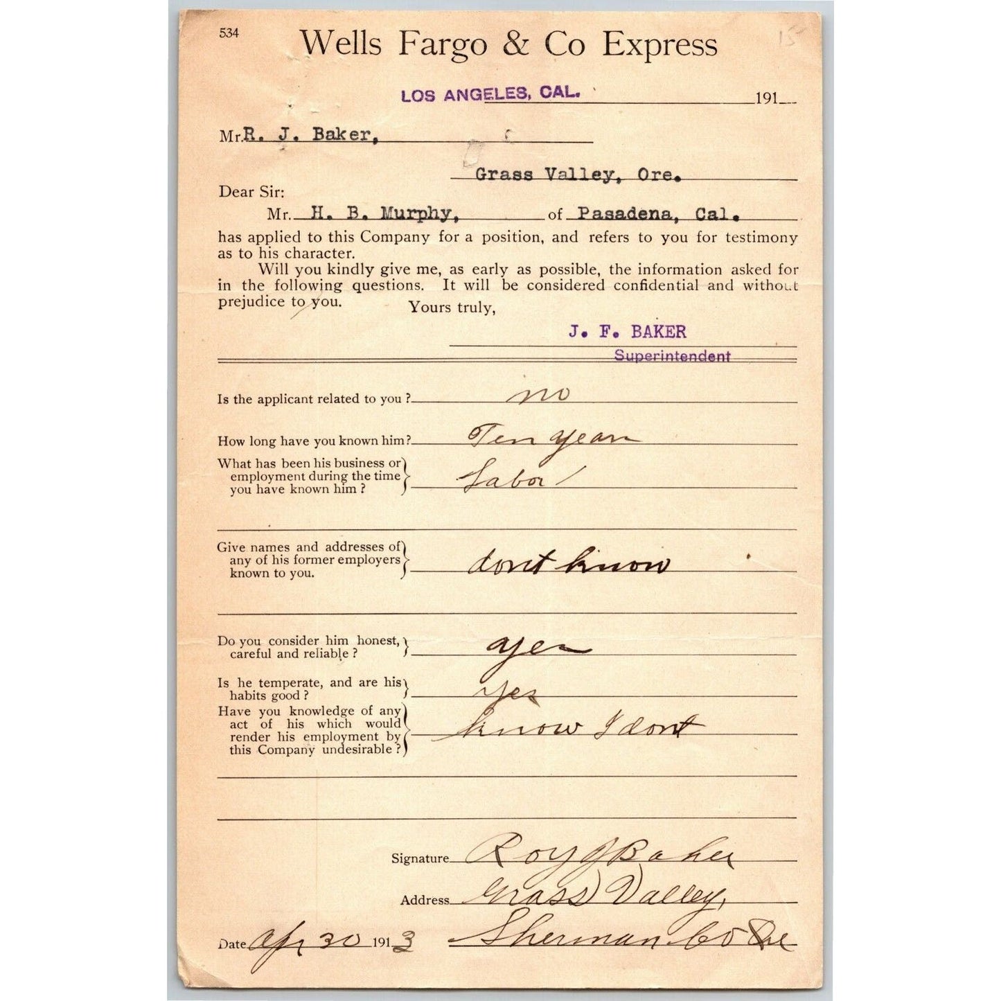 1913 Wells Fargo Express Employment Reference / Testimony Form Grass Valley, ORE