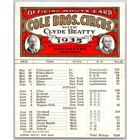 1935 Cole Bros with Clyde Beatty Circus Route Card w/ PA, OH, MI, NYC Stops