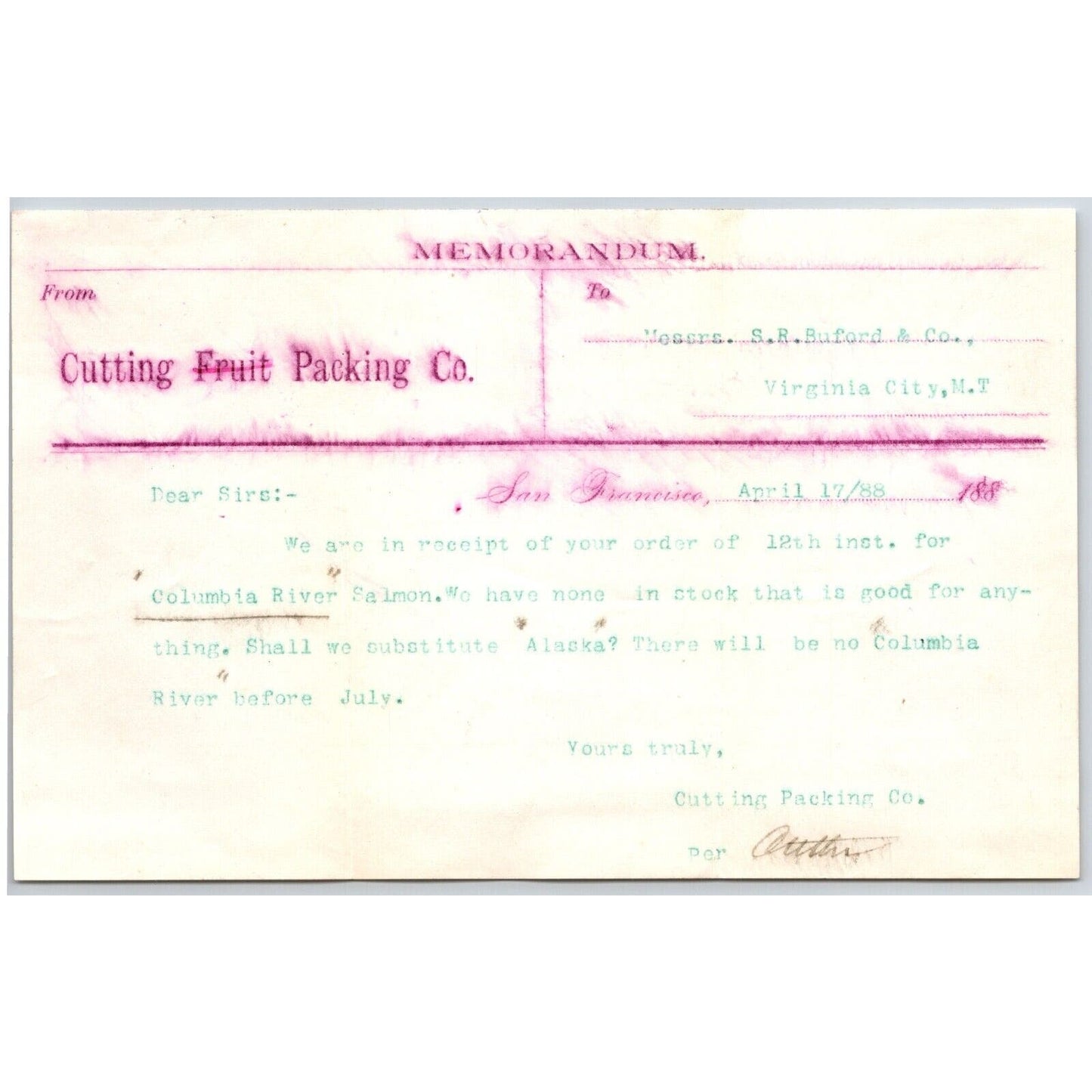 San Francisco Cutting Fruit Packing Buford 1888 Billhead "Colombia River Salmon"