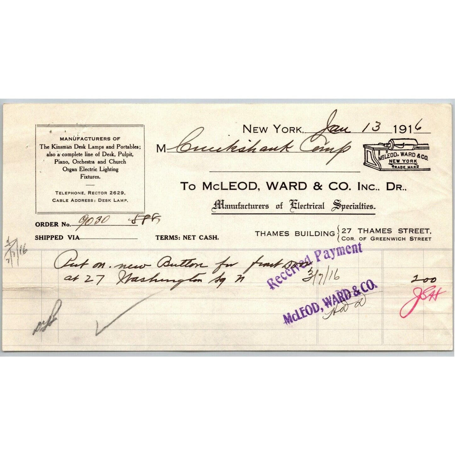 1916 McLeod, Ward & Co. Electrical Letterhead Billhead 27 Thames St. NYC