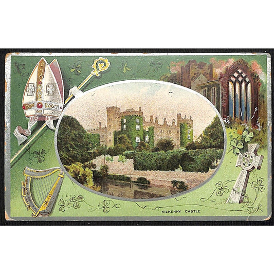 Ireland Postcard Kilkenny Castle Harp Cross Church Emboss PM 1910