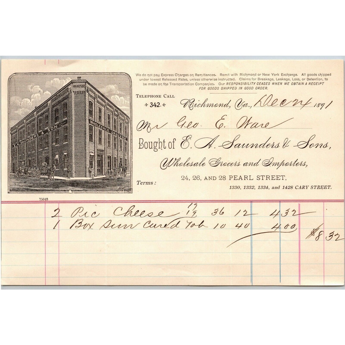 E.A. Saunders & Sons Wholesale Grocers Richmond, VA Letterhead Geo. E. Wear 1891