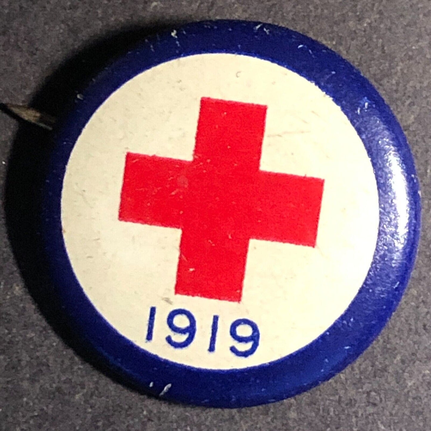 1919 Red Cross WWI Era Small Steel Pinback Button w/ Blue Border