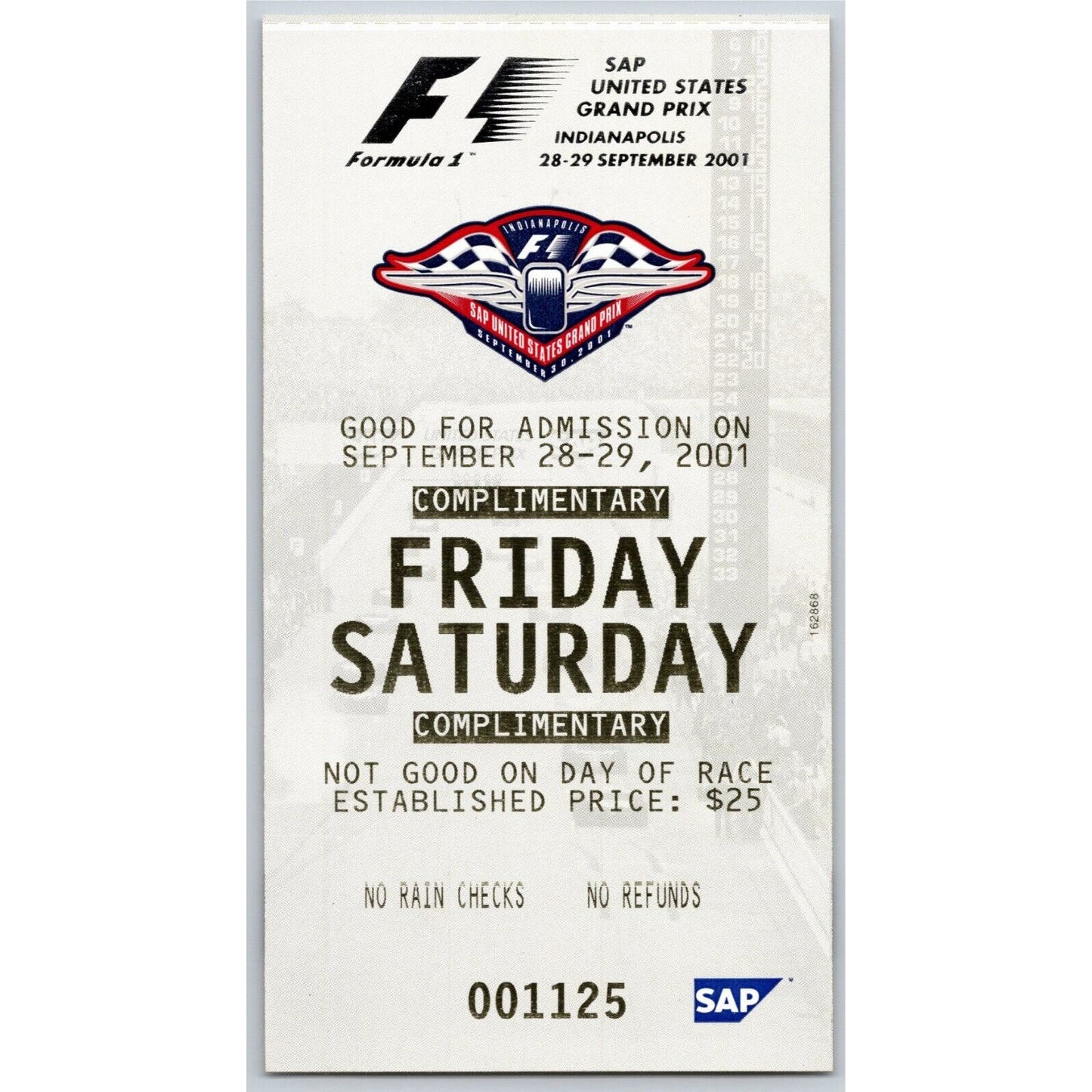 2001 Indianapolis Formula One Grand Prix Racing Fri Sat Comp Ticket #1125