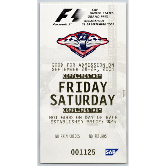 2001 Indianapolis Formula One Grand Prix Racing Fri Sat Comp Ticket #1125