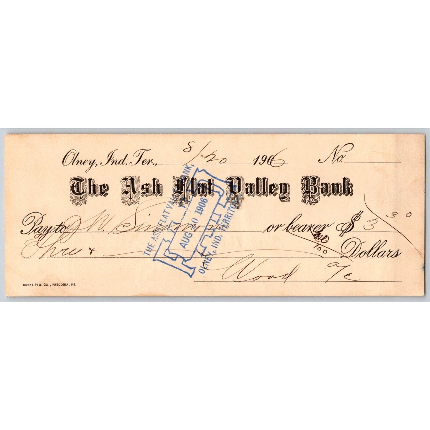 Olney, Okla. Indian Territory 1906 $3.30 Ash Flat Valley Bank Check - Ghost Town