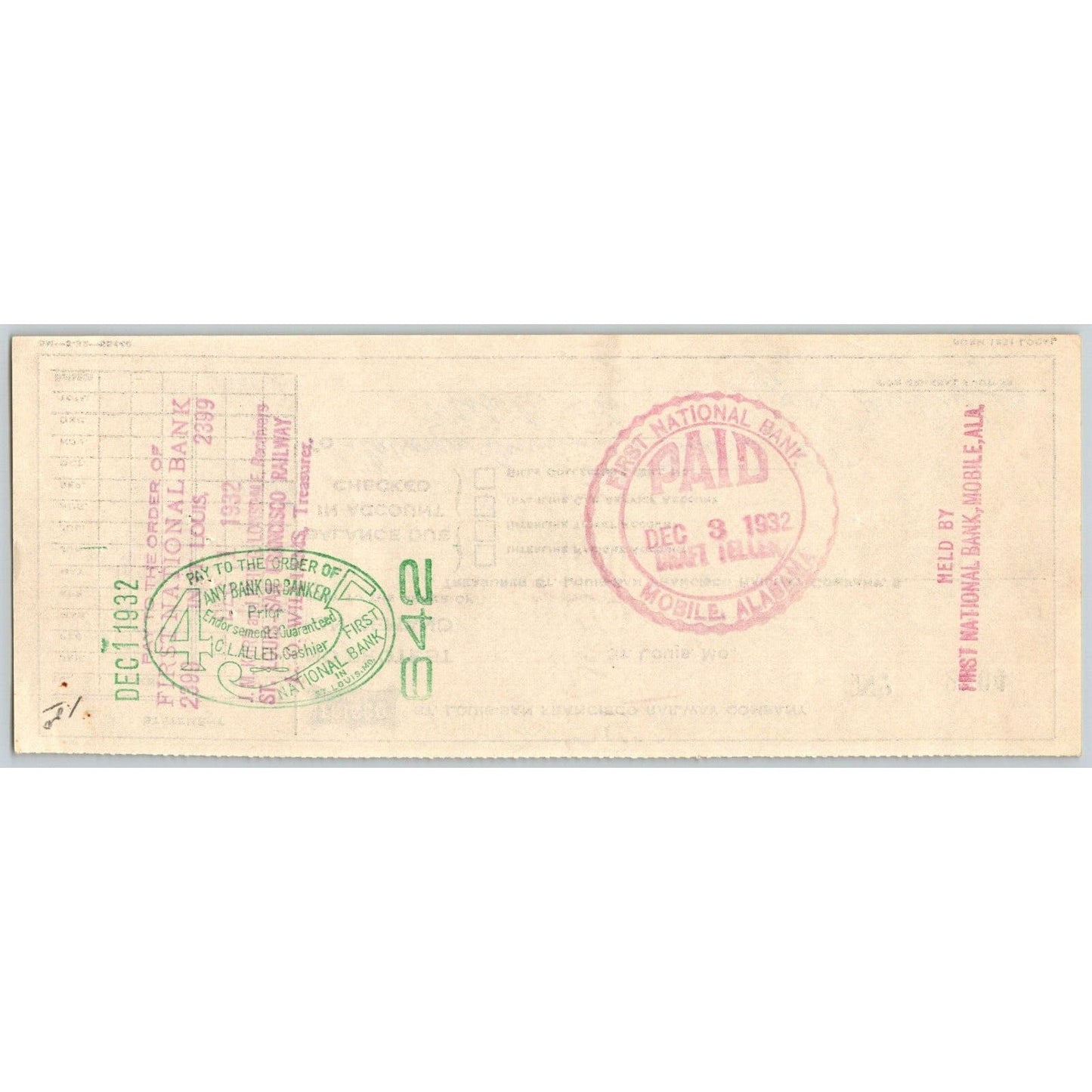 St. Louis - San Francisco Railway / Railroad 1932 Bank Check #2764