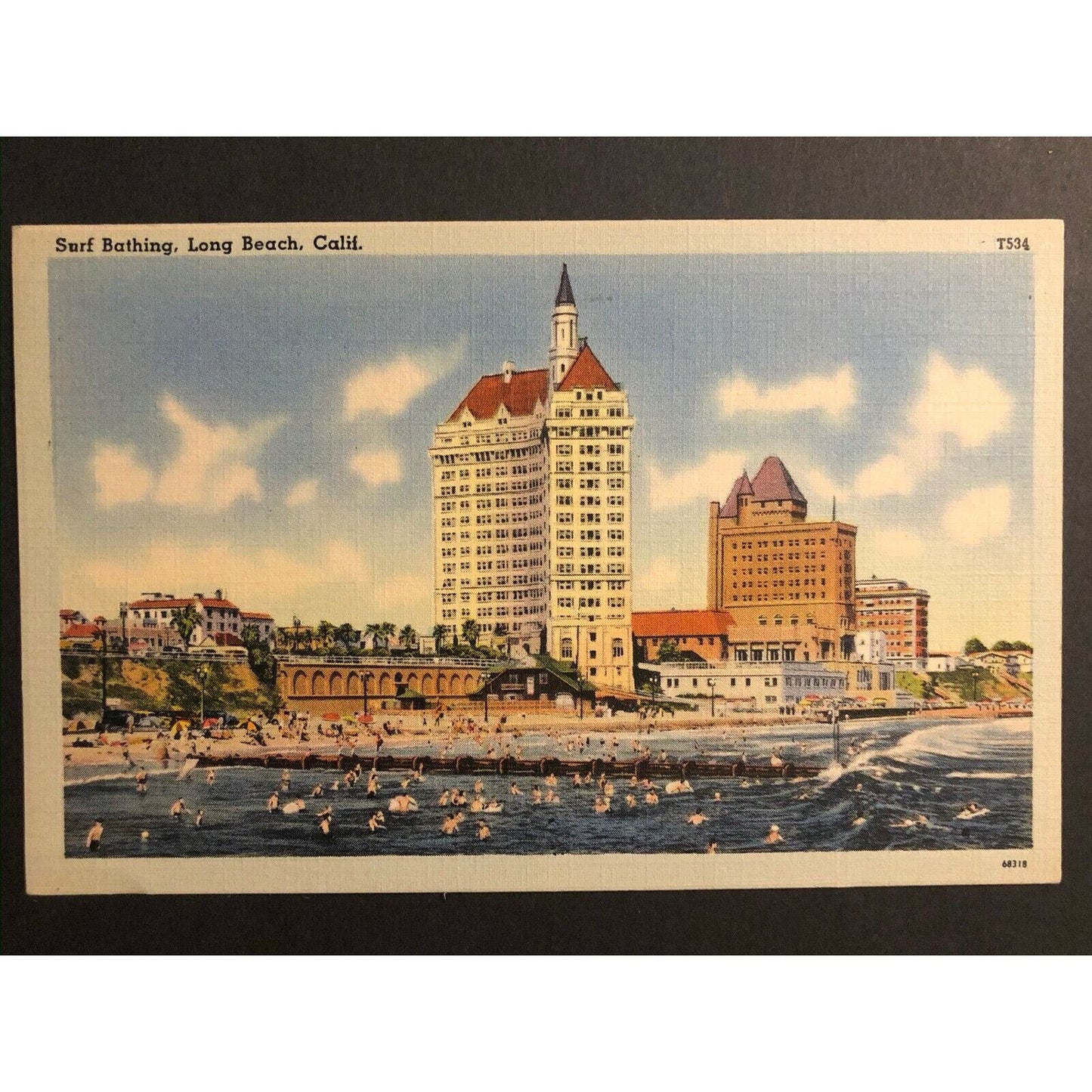 Vintage Linen Postcard - Surf Bathing Long Beach, California