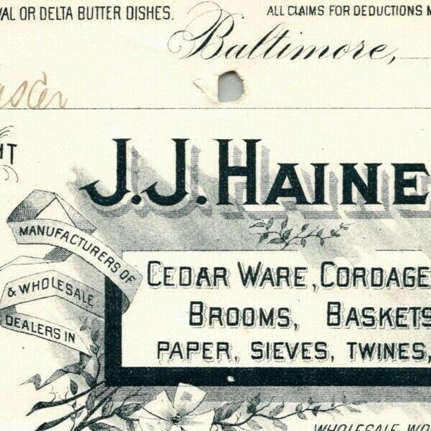 1896 Letterhead Billhead J.J. Haines Paper Twines Baltimore Ephraim Baker*