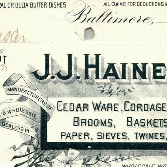 1896 Letterhead Billhead J.J. Haines Paper Twines Baltimore Ephraim Baker*