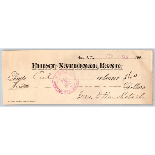 Ada, Oklahoma 1902 Indian Territory First National Bank Check - Scarce