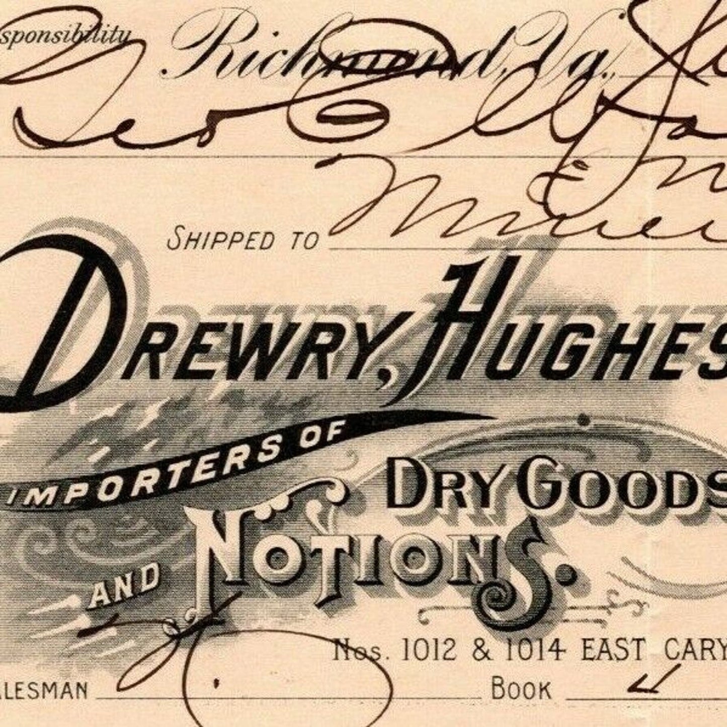 Drewry, Hughes Co. Dry Goods Notions Richmond, VA Letterhead o Geo. E. Wear 1898