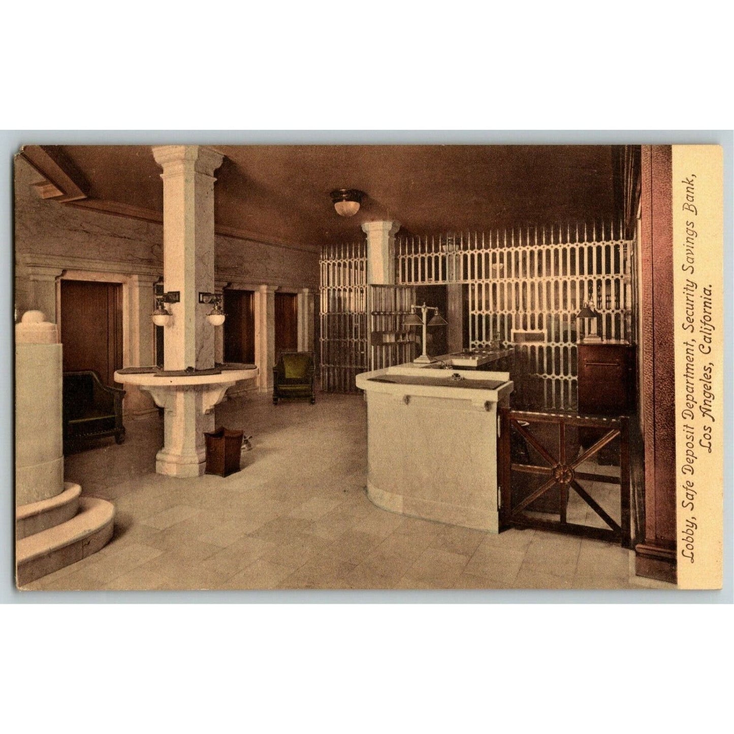 Vintage PPC Postcard Lobby, Safe Deposit Dept., Security Savings Los Angeles, CA