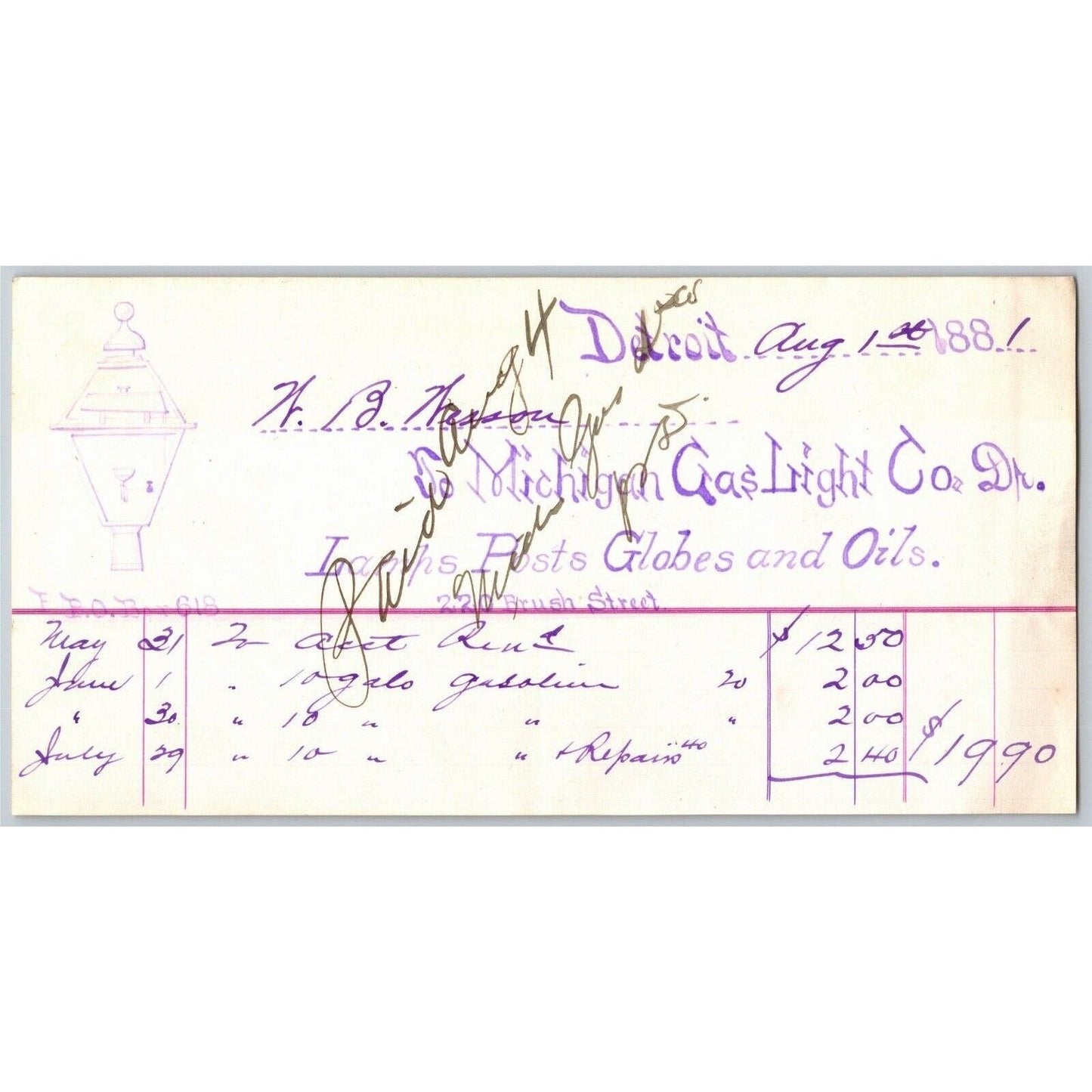 Detroit Letterhead "Michigan Gas Light Co." Lamps Posts Globes Oils - 1881