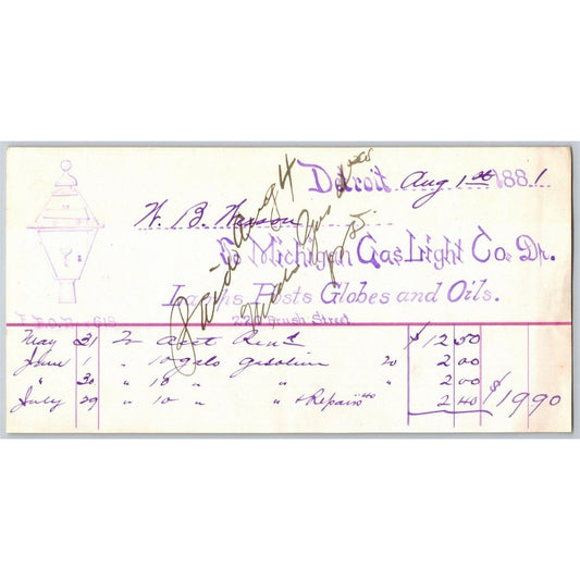 Detroit Letterhead "Michigan Gas Light Co." Lamps Posts Globes Oils - 1881