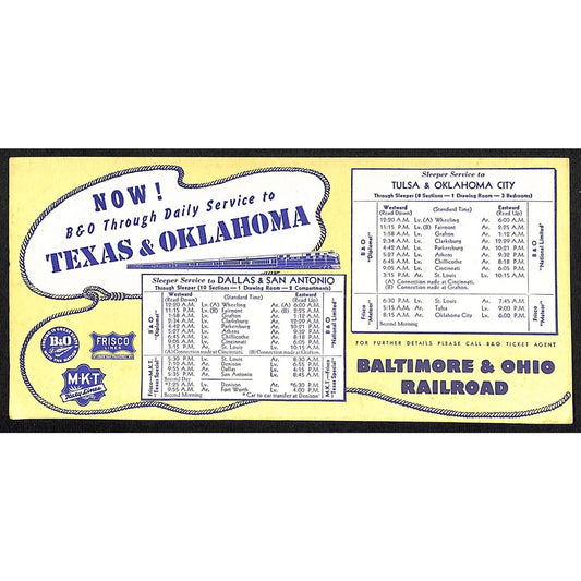 Baltimore & Ohio Railroad Texas Oklahoma w/ Schedule Large Ink Blotter c1946