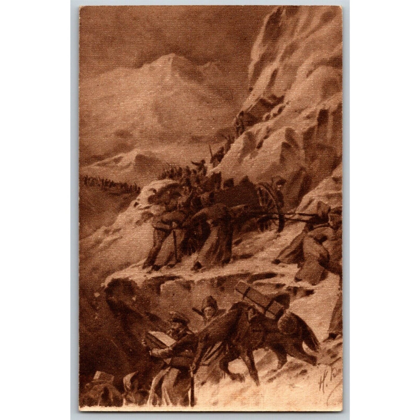 c1914-18 Russian Military Postcard Soldiers Winter March Rocky Mountain Path