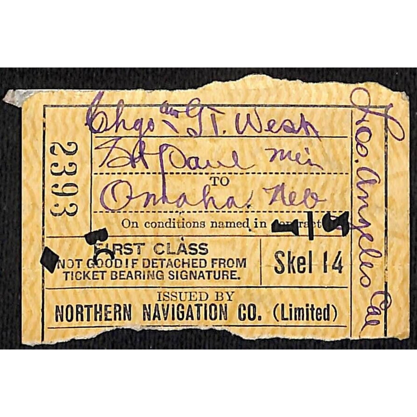 Northern Navigation Railroad Ticket 1923 Omaha, NE St. Paul, MN #2393