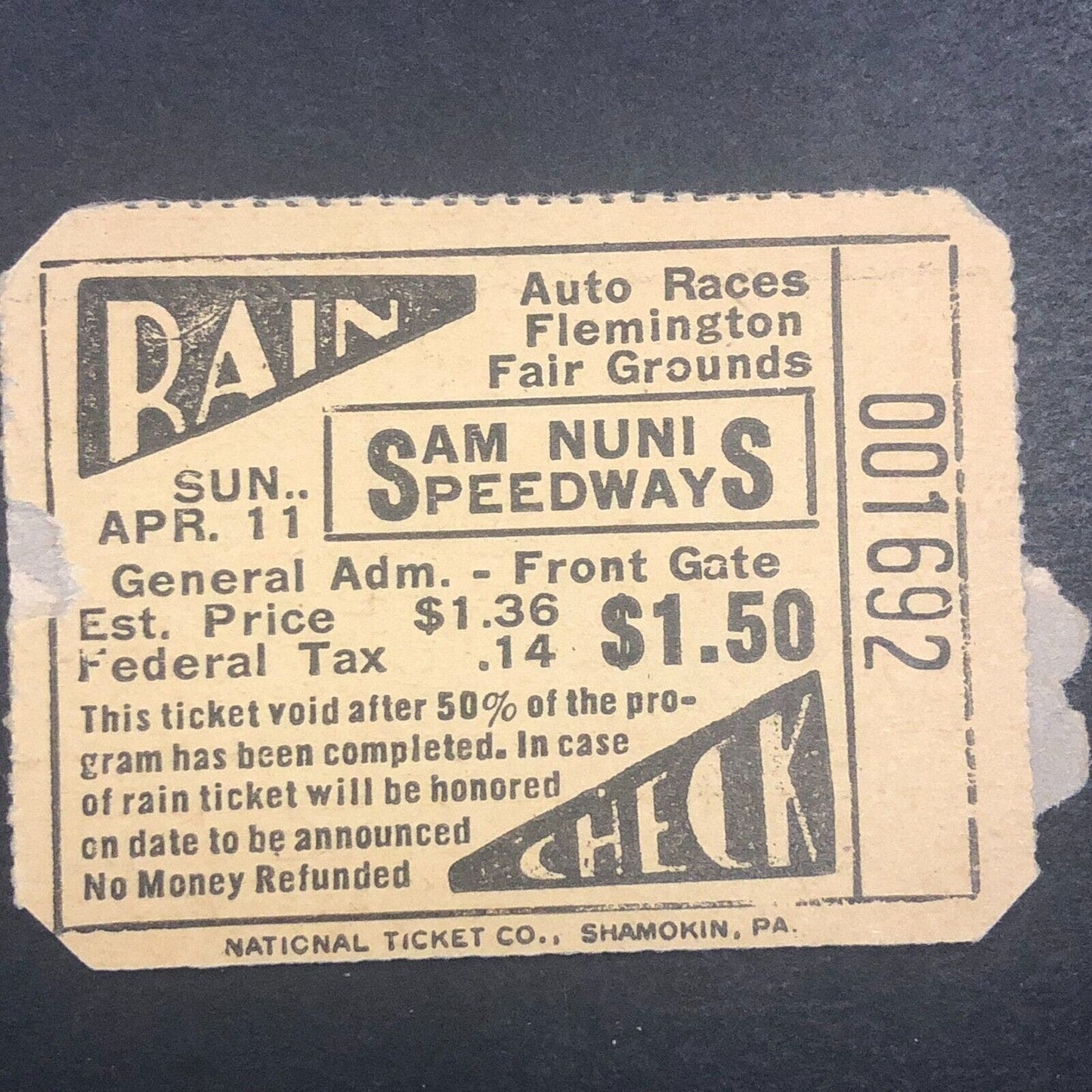 Sam Nunis Speedway Reading Auto Racing Rain Check Ticket 4/11 1954