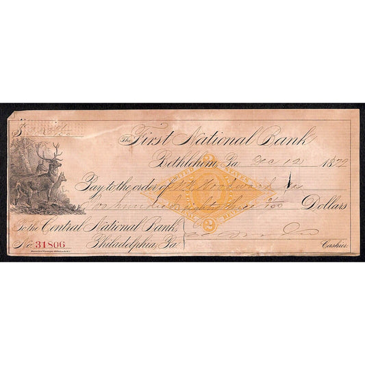 Bethlehem, PA 1879 First National Bank Check #31806 Deer Vignette & Tax Stamp