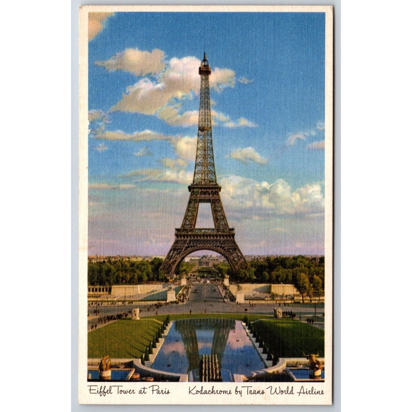 TWA "Eiffel Tower at Paris" Kodachrome Linen Advertising Postcard c1948 VGC