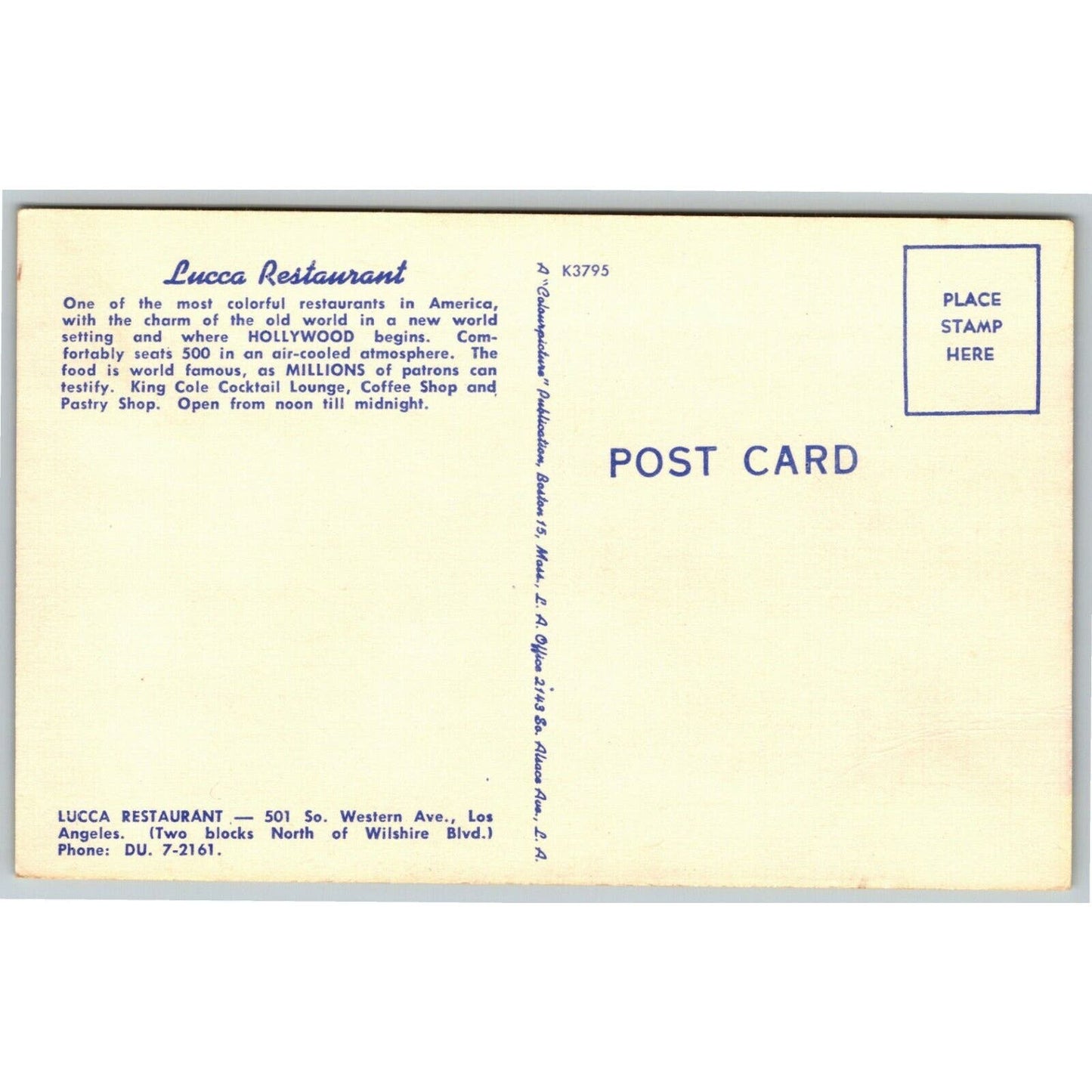 Vintage Linen Postcard Lucca Restaurant Greetings From Los Angeles VGC c1940's