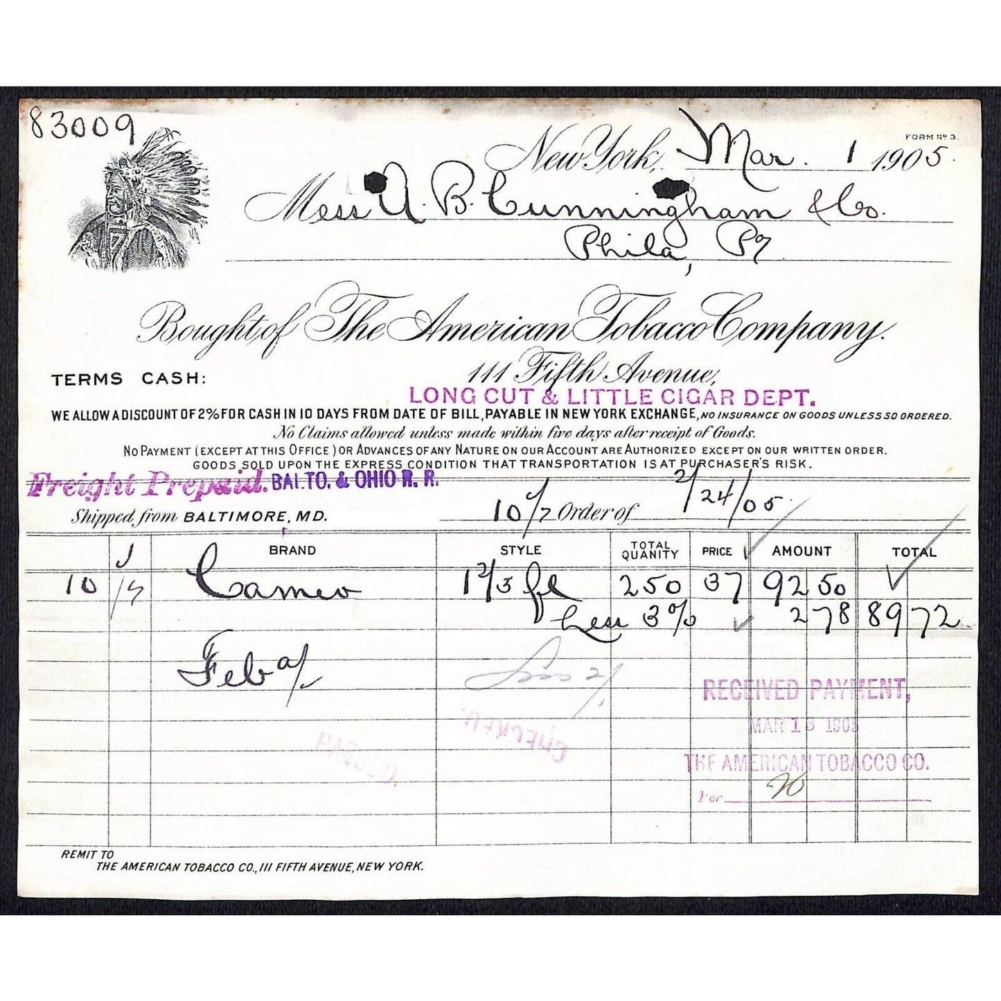 American Tobacco Co. 5th Ave NYC Cunningham Phila. 1905 Billhead w/ Indian Chief
