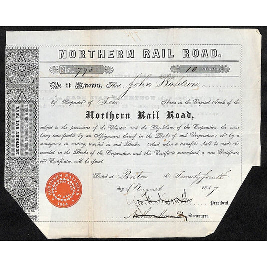 1847 Boston, MA Northern Railroad Stock Certificate No. 795 for 10 Shares