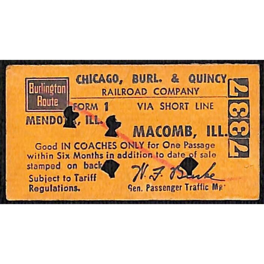 1970 Chicago, Burlington & Quincy Railroad Ticket Mendota to Macomb #7337