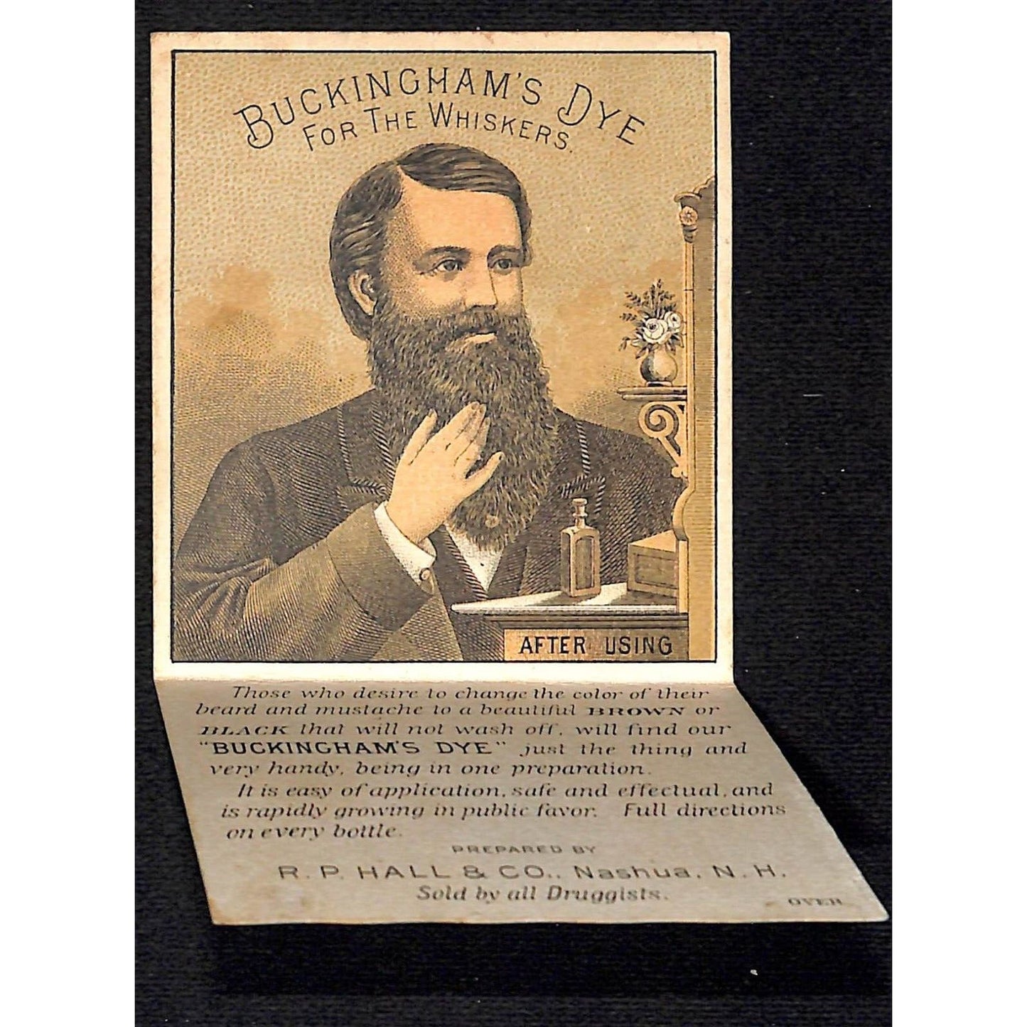 Buckingham Dye "For the Whiskers" Victorian Trade Card w/ Flip-Down Panel