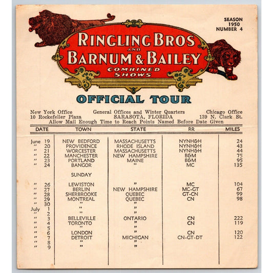 1950 Ringling Bros Barnum Bailey Circus Route Card Providence Worcester Bangor