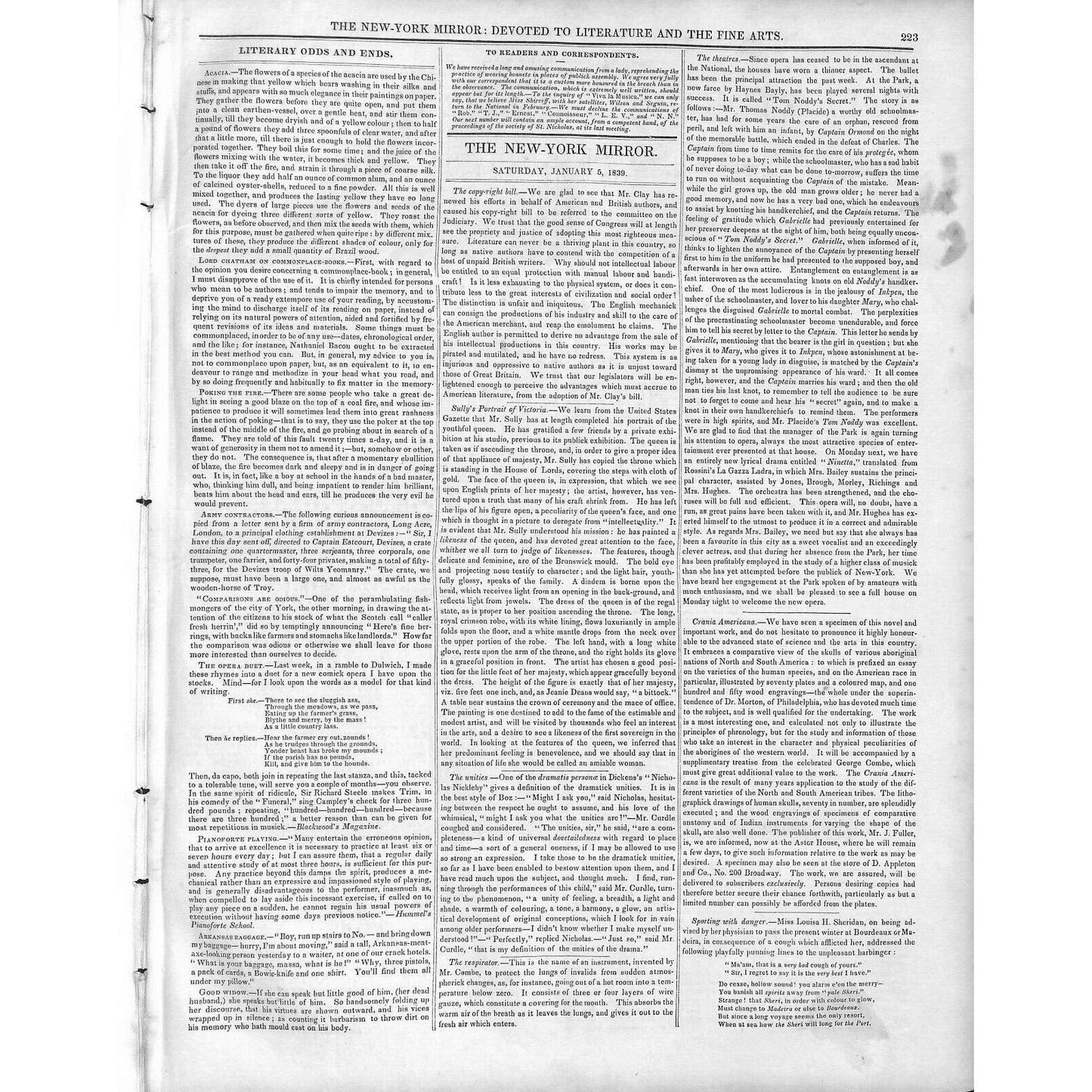 New-York Mirror Weekly Journal Literature Fine Arts Newspaper 1/5/1839