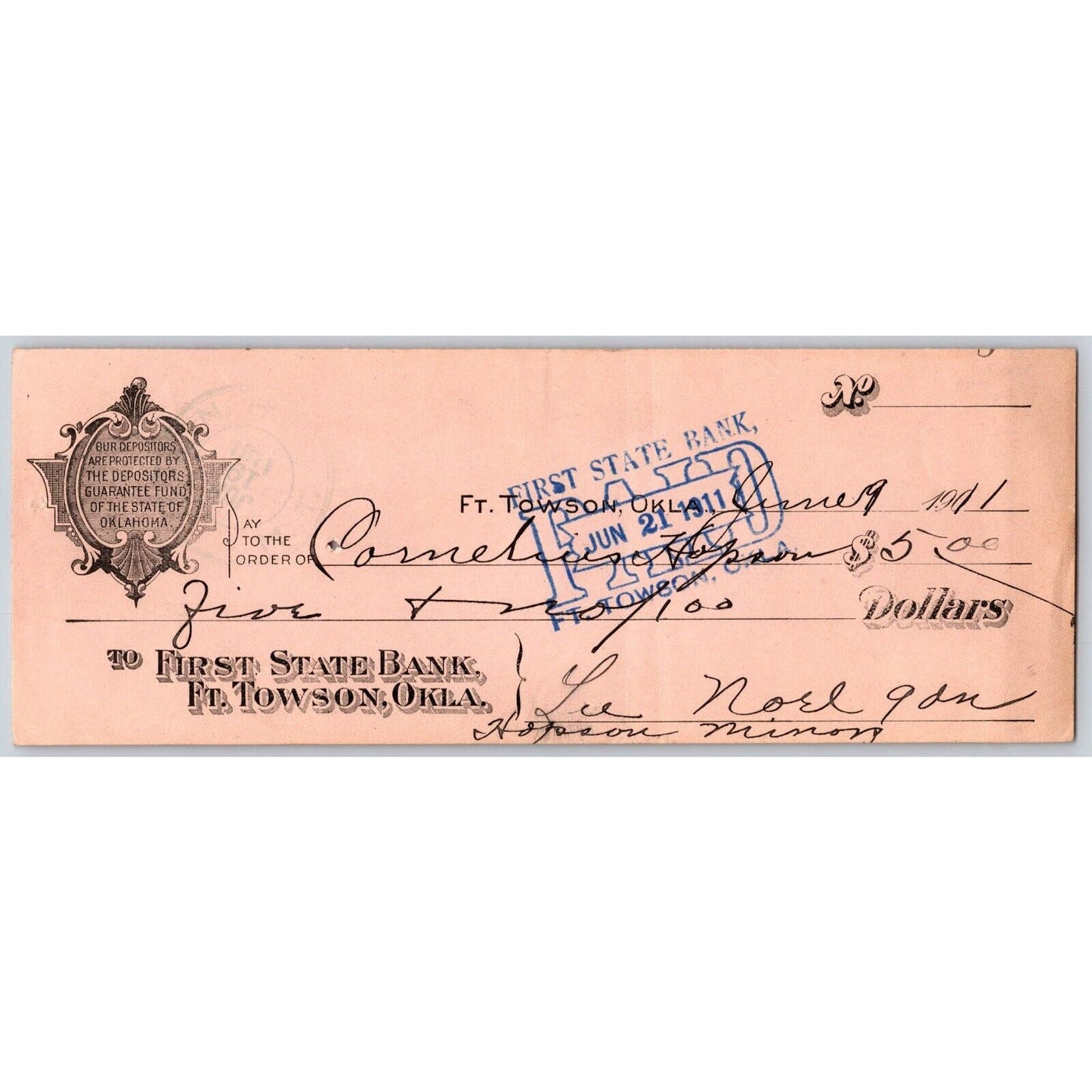 Fort Towson Oklahoma 1911 First State Bank Check Scarce