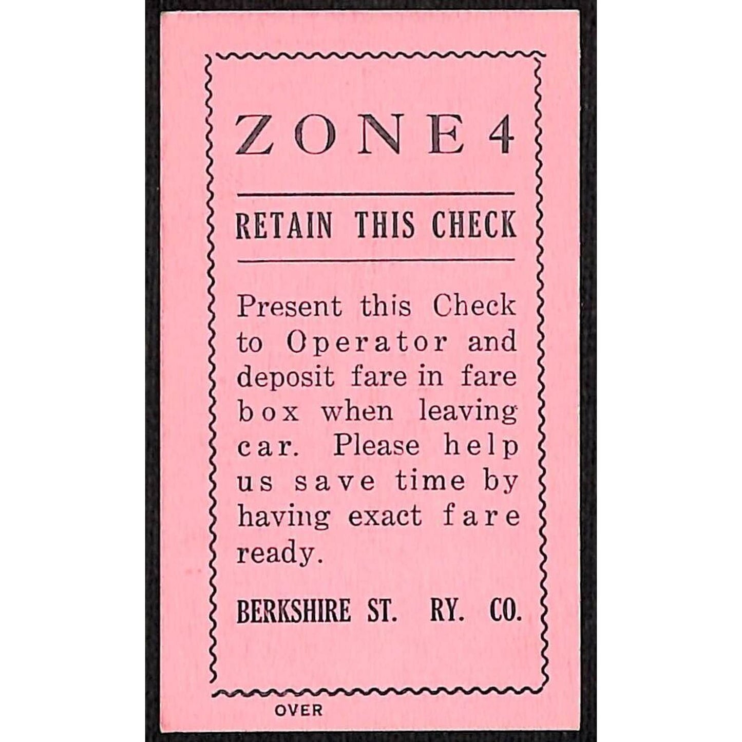 Berkshire Street Railway (1902-1941) Zone 4 Seat Check Butler's Apparel Scarce