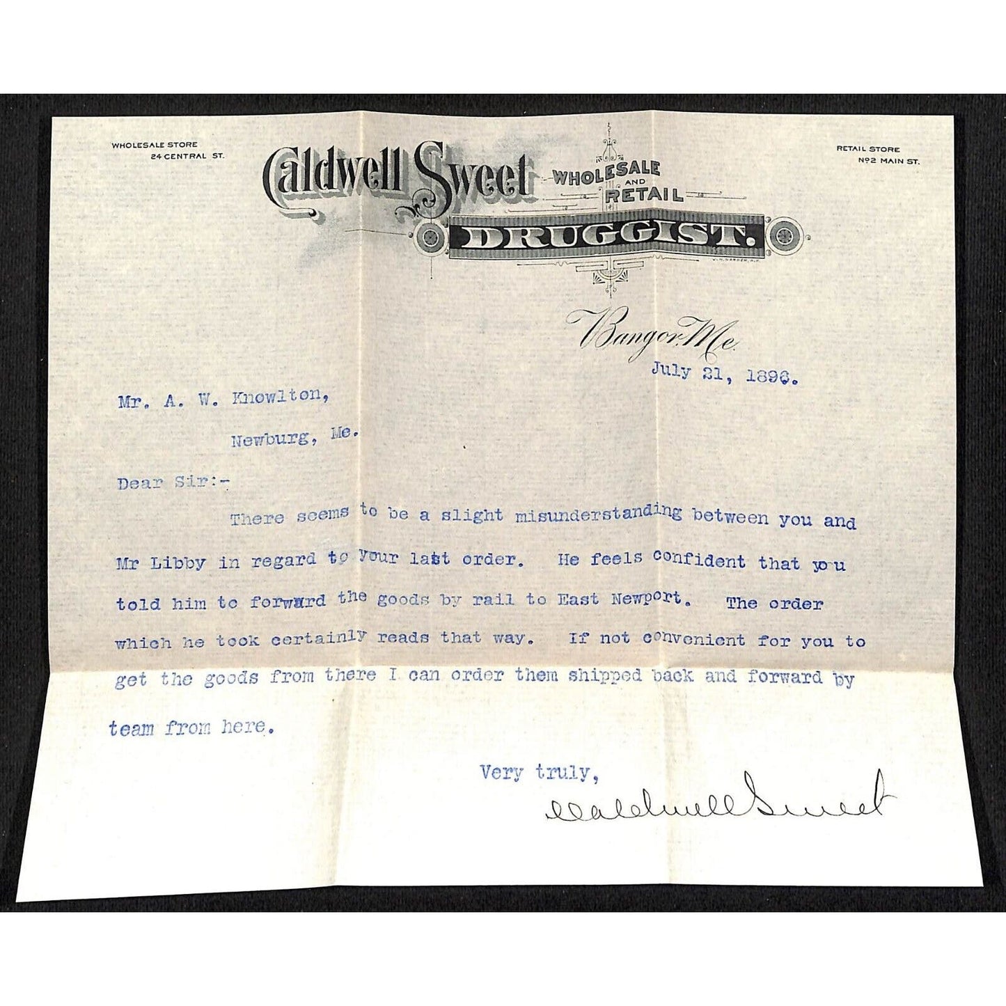 Newburgh ME Amos W. Knowlton* 1896 Bangor ME Caldwell Street Druggist Letterhead