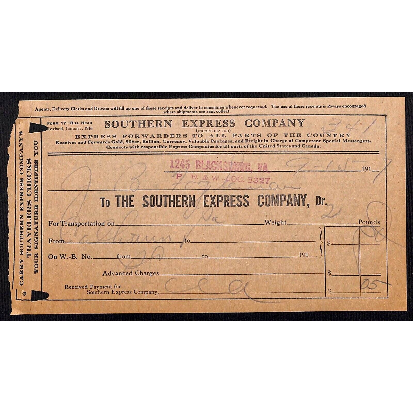 Southern Express Co. 1917 Blacksburg, VA Railroad - 5¢ 
